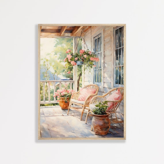 Country Porch Painting Vintage Farmhouse Wall Art Minimalist Pastel Country Home Decor Aesthetic Neutral Cottage Artwork P 601