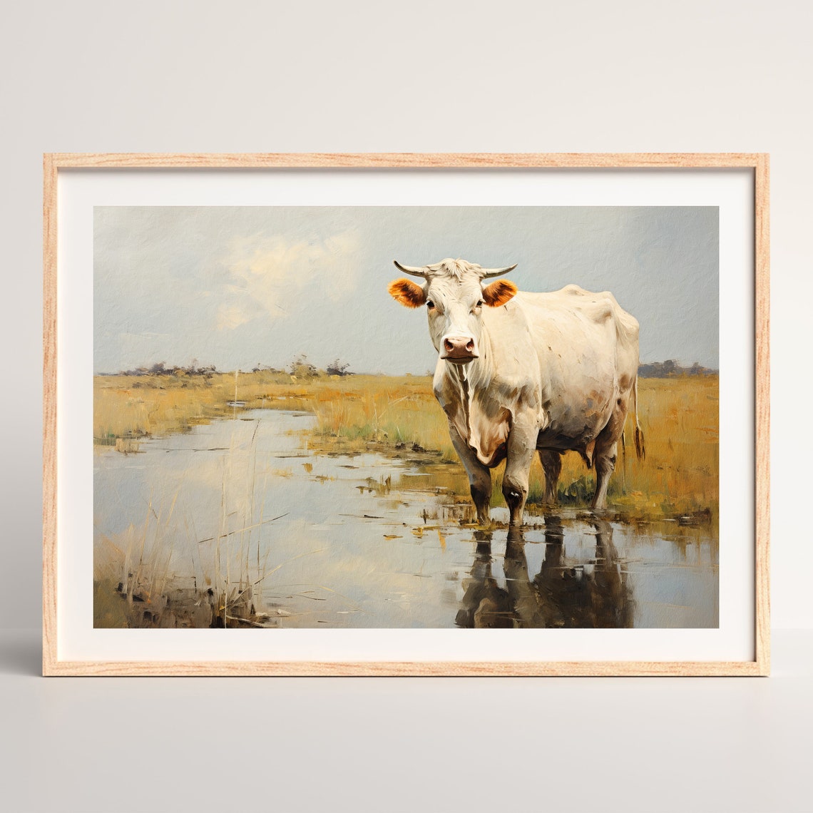 White Cow Standing in Golden Marsh Water Vintage Farm Wall Art Poster - Image 2