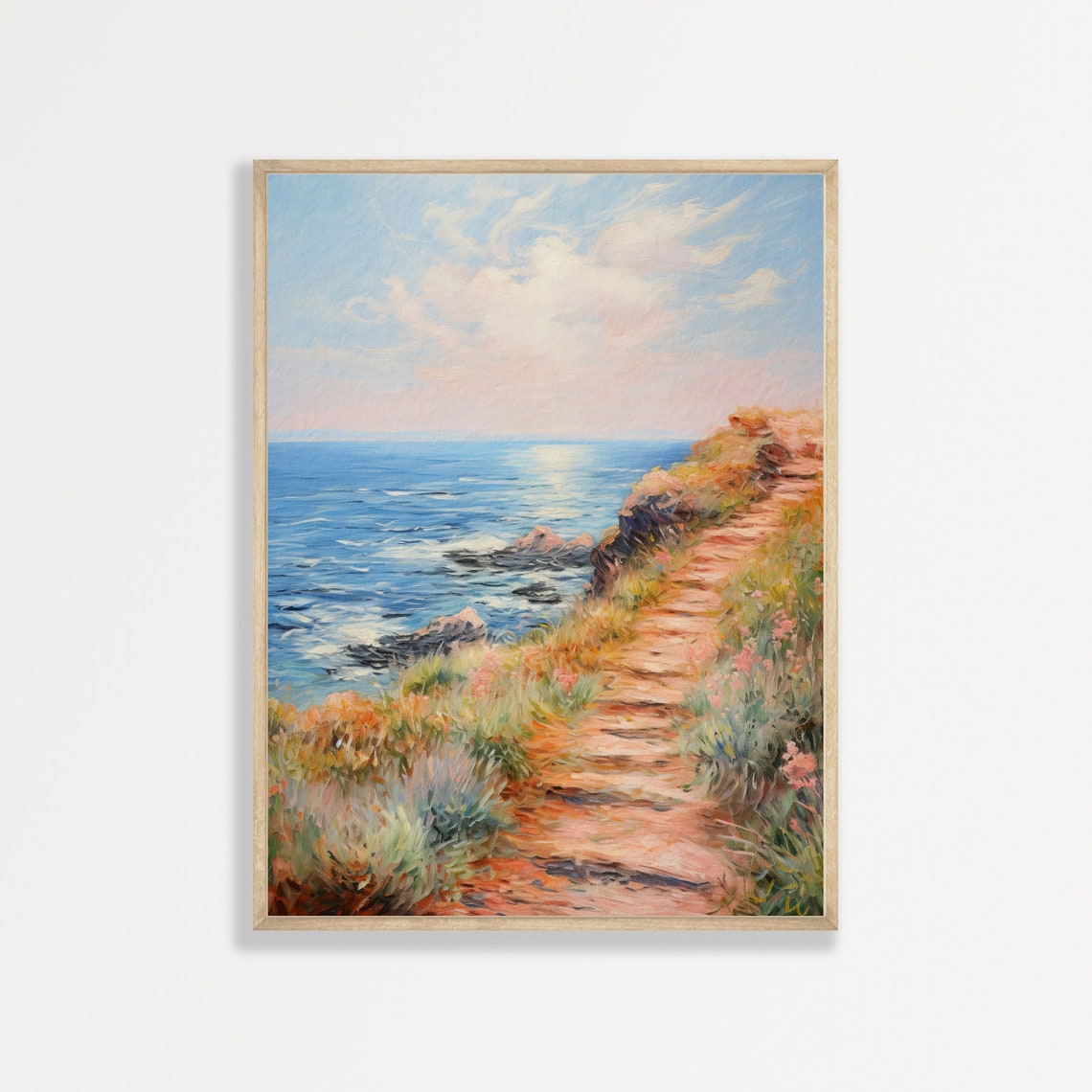 Coastal Cliff Path Wildflowers Rocky Shore Blue Ocean Painting Poster