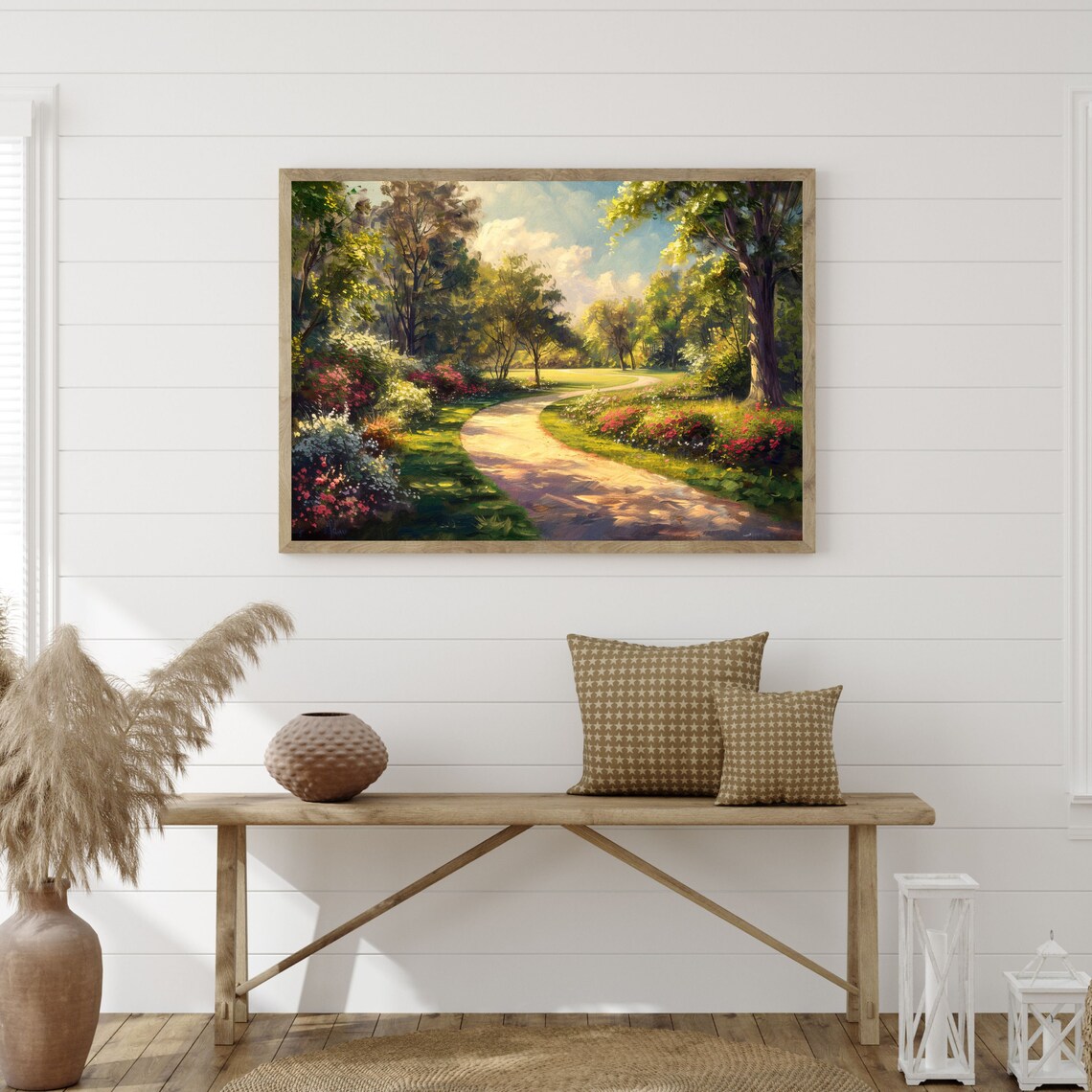 Sunlit Winding Garden Path Flowering Trees Vintage Garden Poster - Image 3