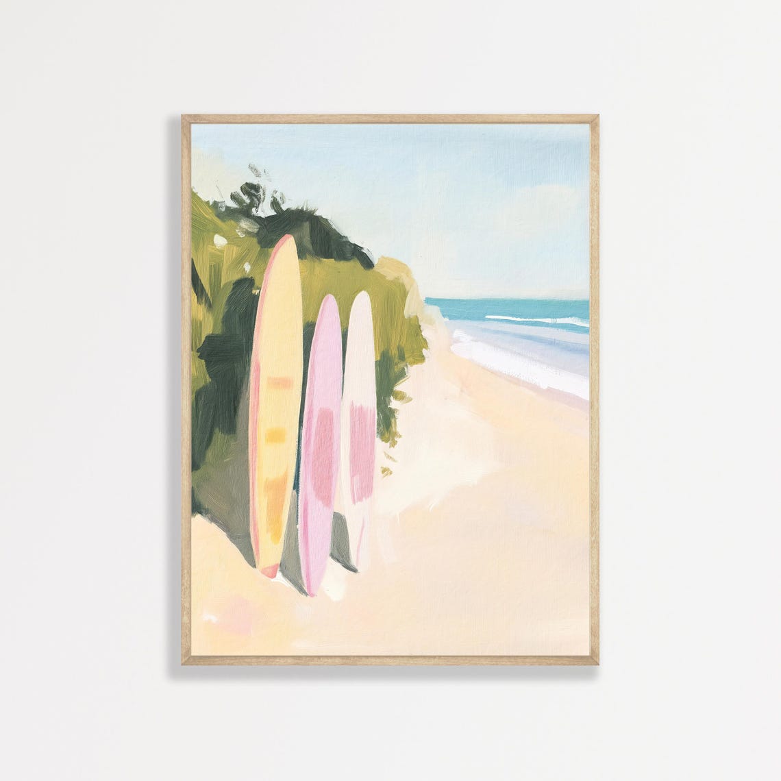 Retro Pastel Surfboards Sandy Beach Turquoise Coast Painting Poster