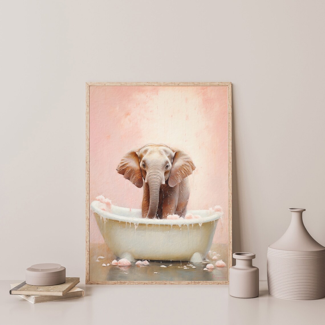 Baby Elephant In Bathtub Pink Water Playful Nursery Animal Bath Poster - Image 3