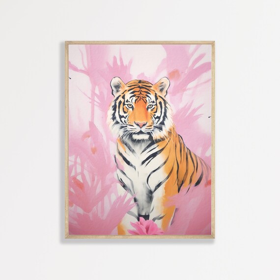 Tiger Pink Botanical Jungle Retro Pastel Wildlife Trendy Aesthetic Art Print