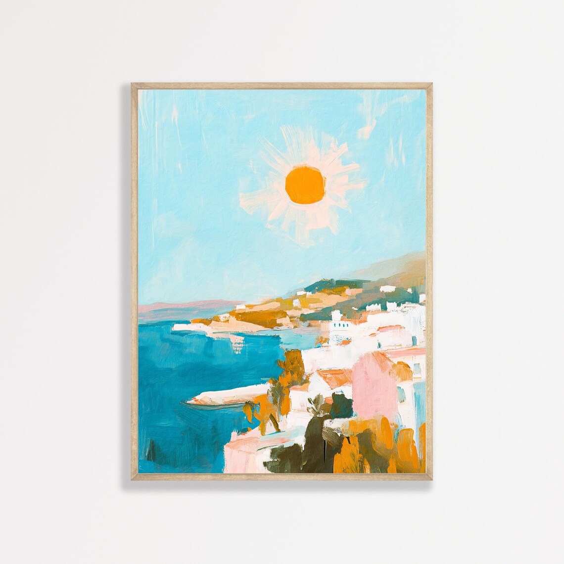 Bright Coastal Village Under Orange Sun Mediterranean Travel Poster