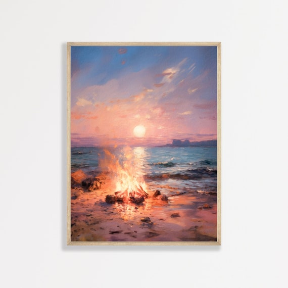 Beach Bonfire, Retro Coastal Landscape Art Print