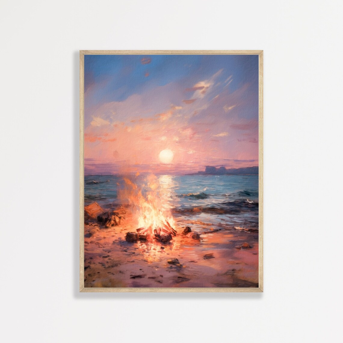 Beach Bonfire, Retro Coastal Landscape Art Print