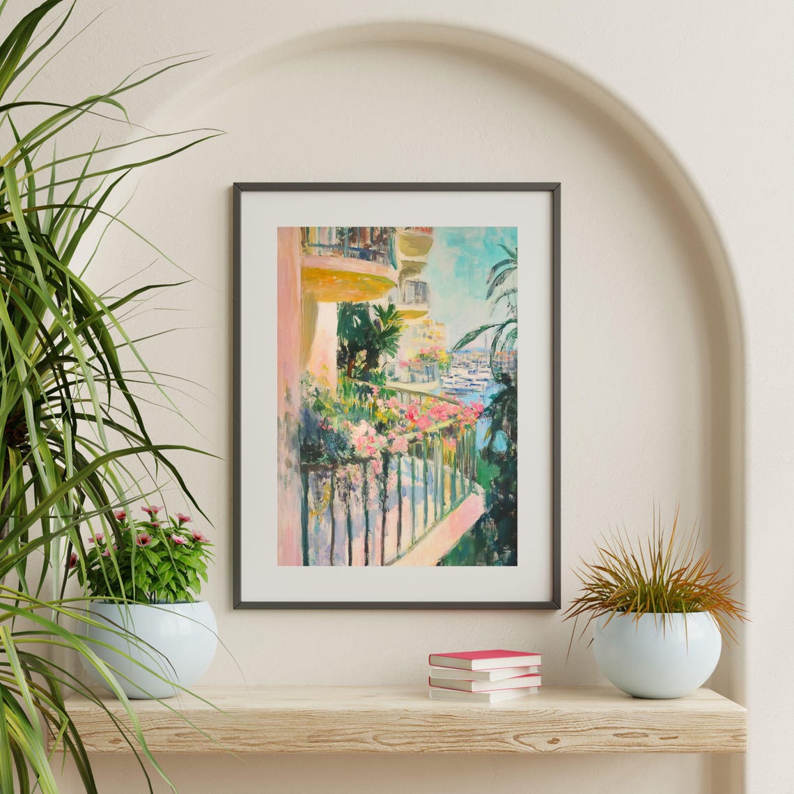Coastal Hotel Balcony Flowers Marina Palms Mediterranean Travel Poster - Image 2