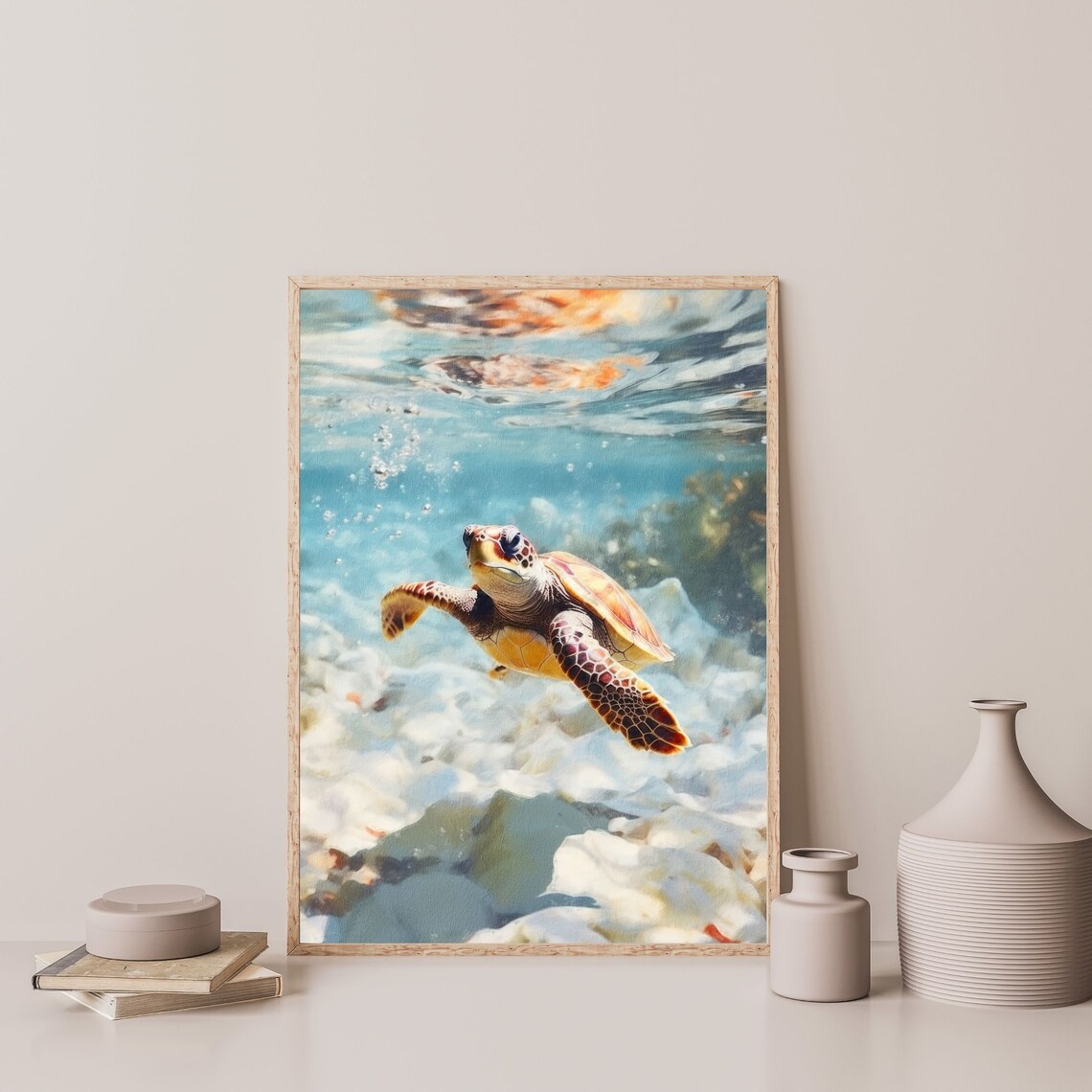 Retro Turtle Painting, Pastel Blue Coastal Art Print - Image 3