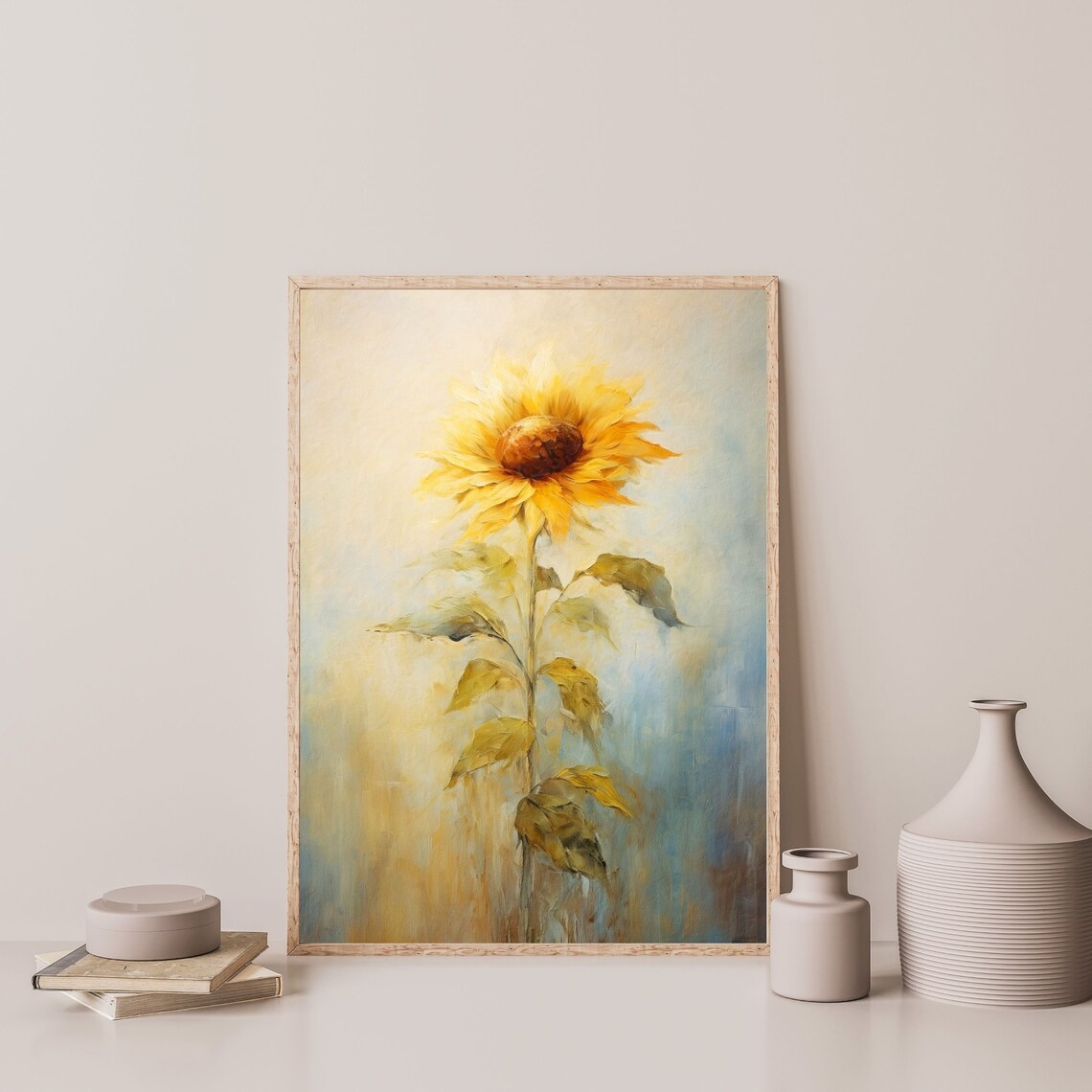 Golden Sunflower Soft Blue Vintage Style Botanical Flower Poster - Image 3