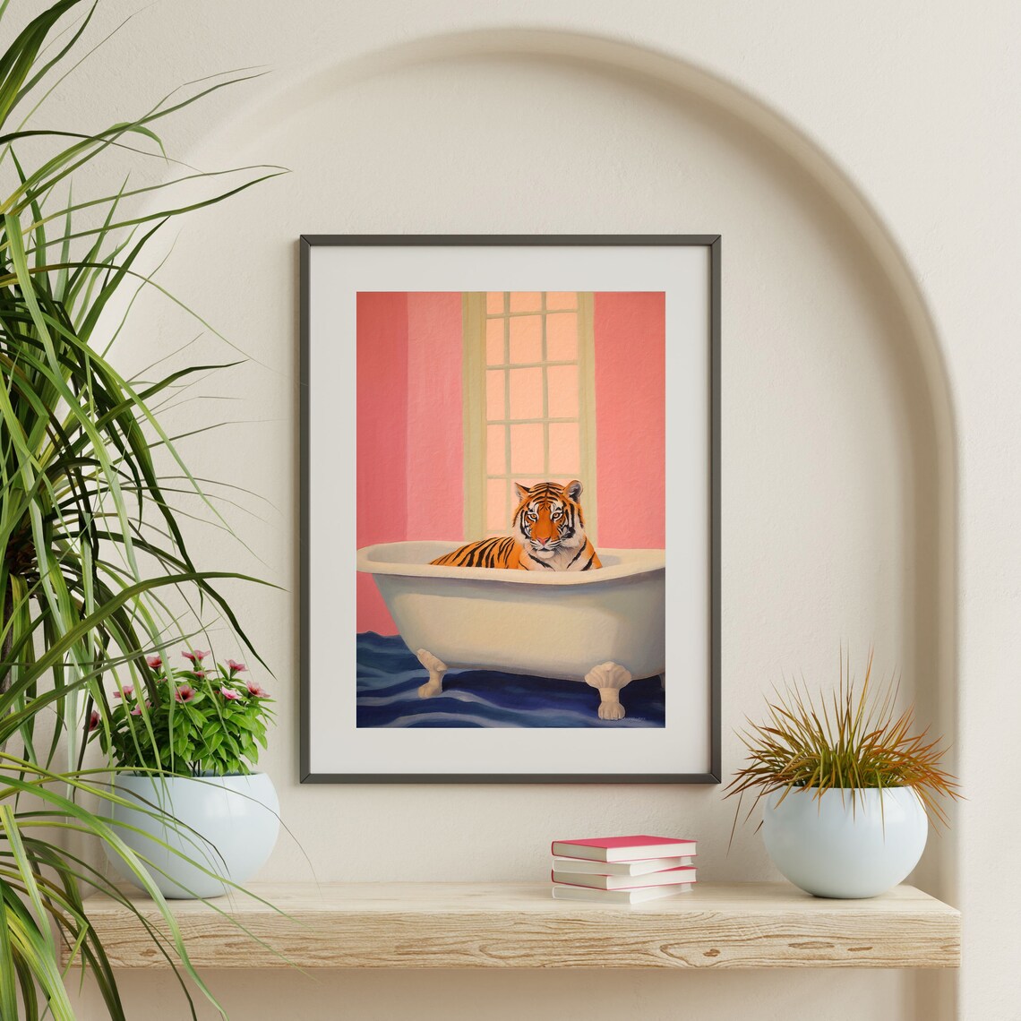 Tiger In Bathtub Funny Pink Bathroom Quirky Retro Maximalist Art Print - Image 2