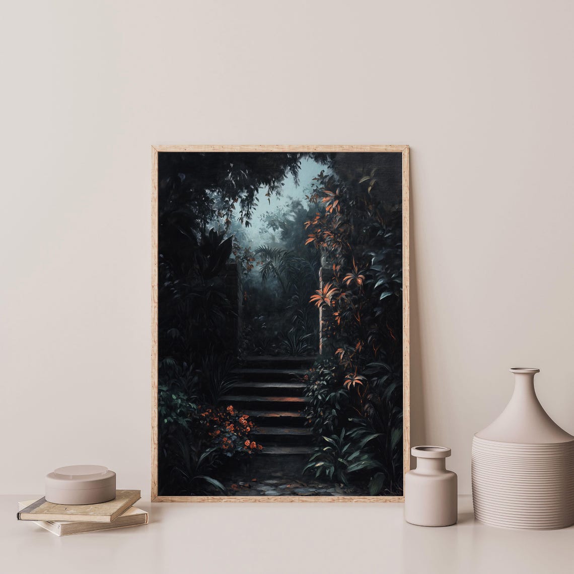 Dark Garden Stone Stairs At Night Moody Botanical Landscape Poster - Image 3