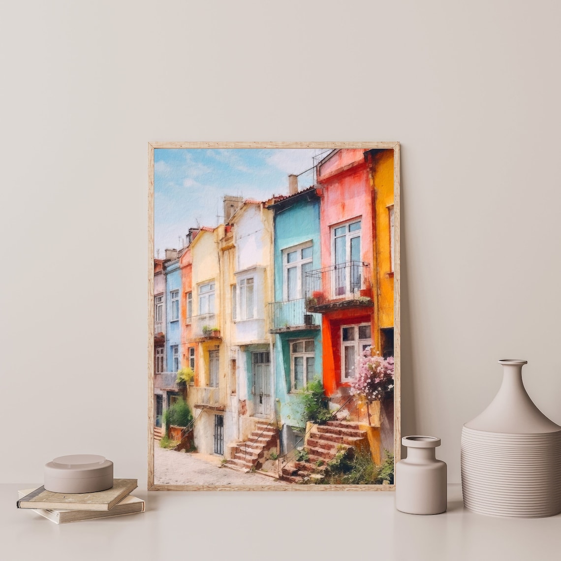 Retro Townhouse Painting, Vintage Bedroom Wall Art