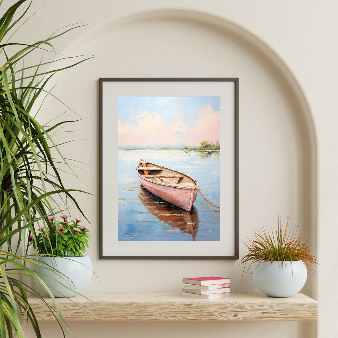 Pink Wooden Rowboat Floating on Calm Blue Water Coastal Art Poster - Image 2