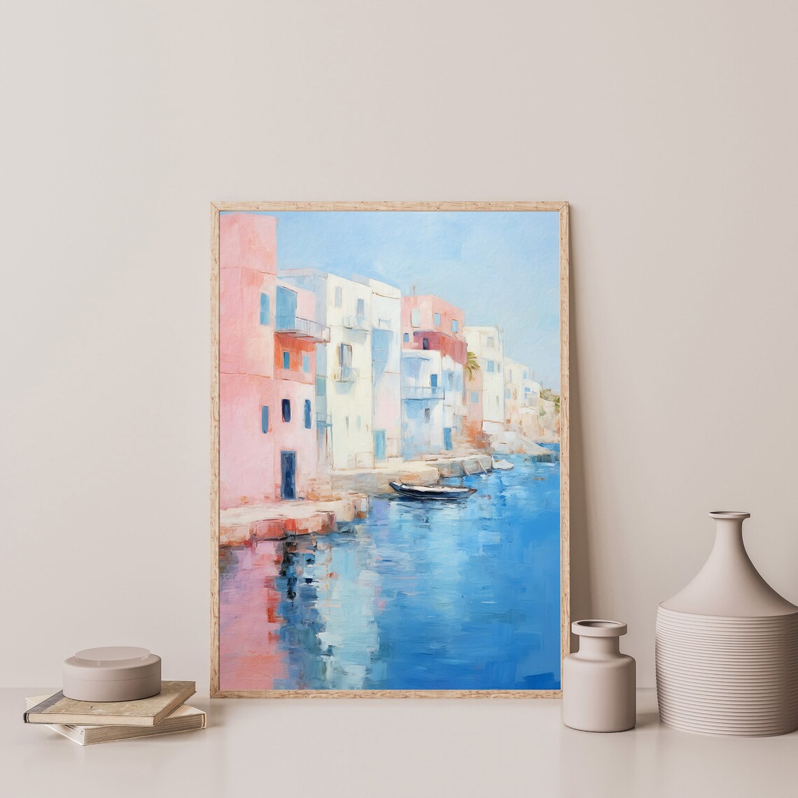 Greek Island Pastel Harbor Waterfront Houses Blue Water Travel Poster - Image 3