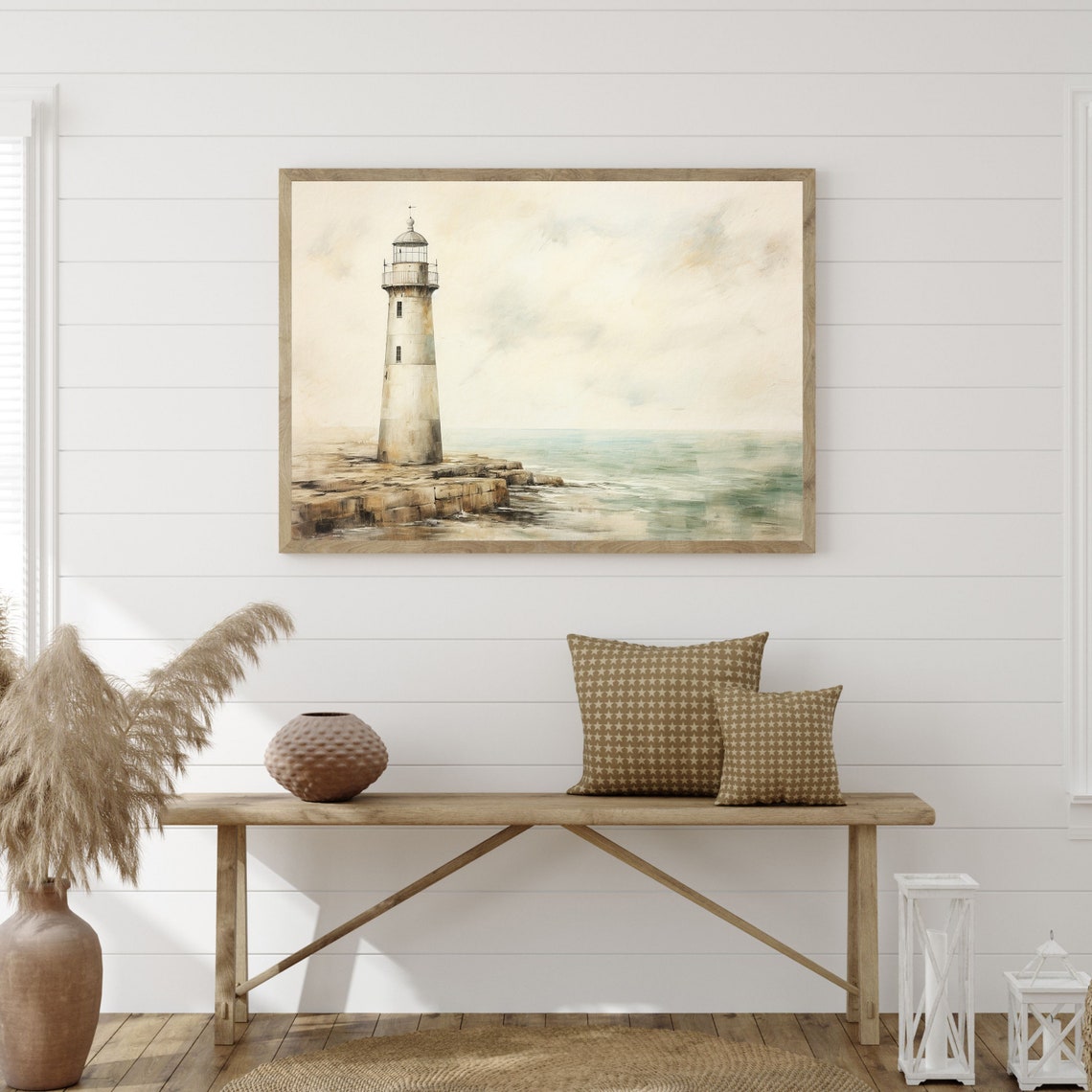 Lighthouse Painting Vintage Coastal Wall Art Rustic Neutral Beach Decor P 775 - Image 3
