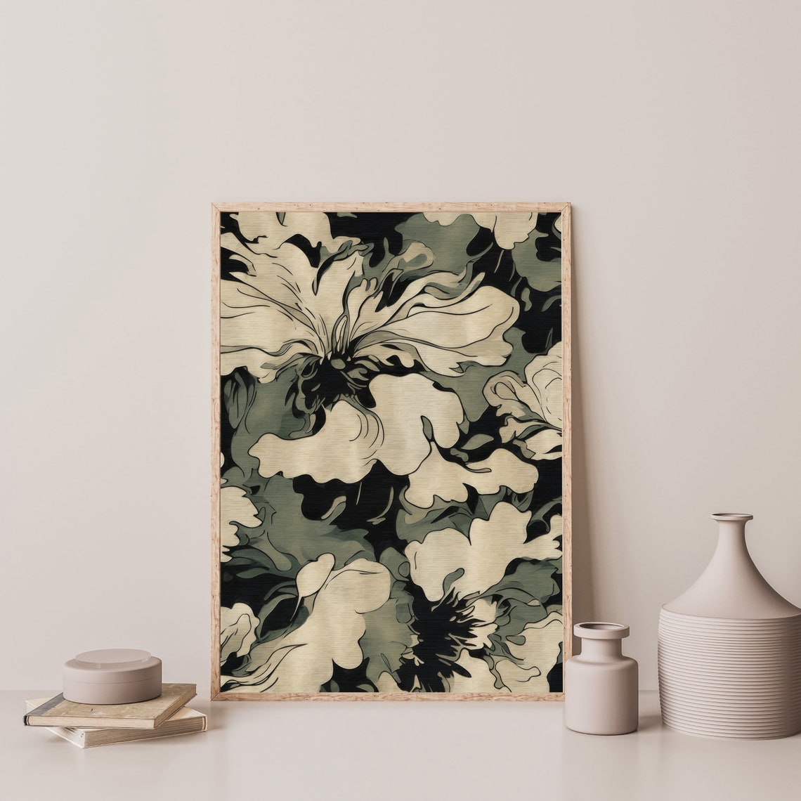 Abstract Black and Cream Floral Pattern Vintage Botanical Wall Art - Image 3