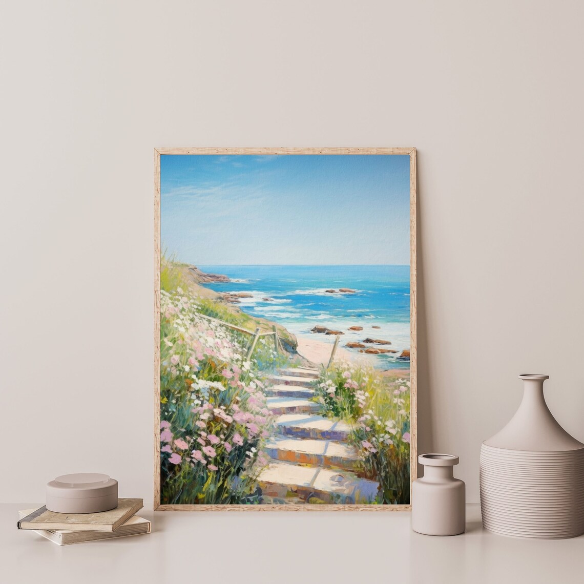 Beach Seascape Painting, Retro Coastal Landscape - Image 3