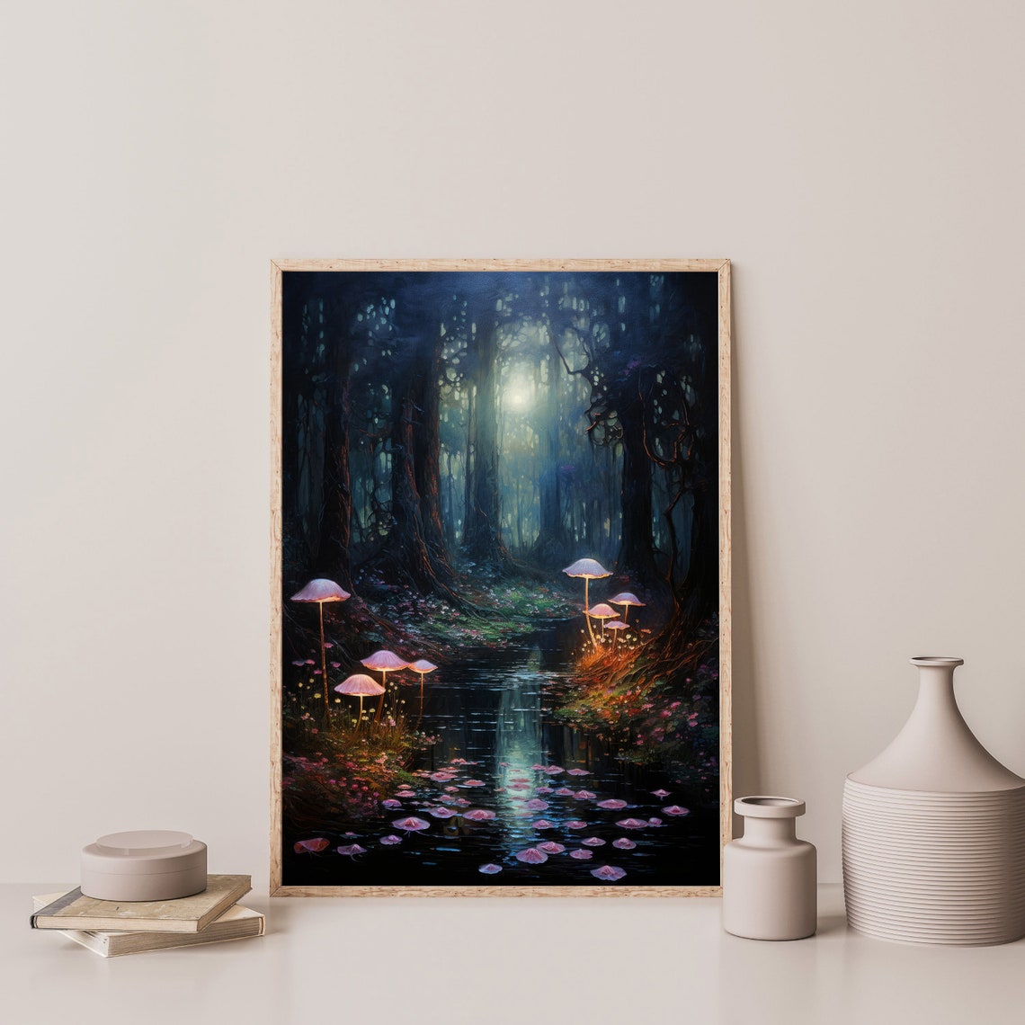 Glowing Mushrooms Dark Forest Stream Enchanted Night Landscape Poster - Image 3