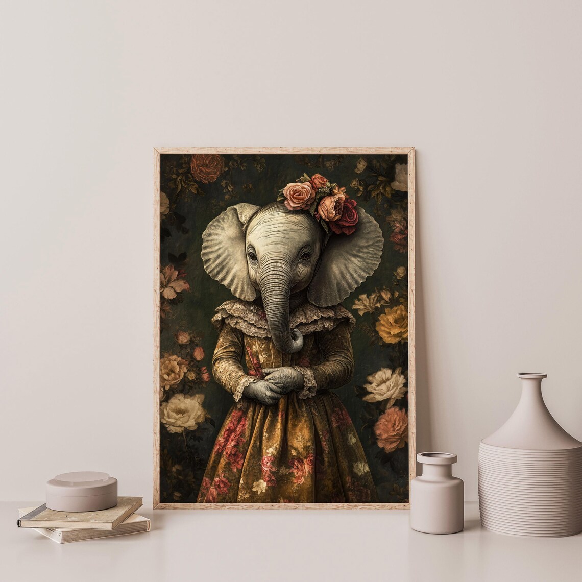 Baby Elephant Victorian Floral Crown Moody Antique Animal Poster - Image 3