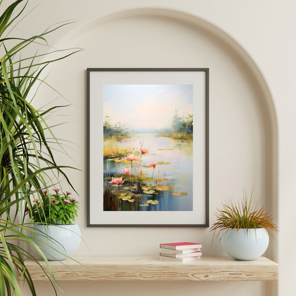 Pink Lotus Flowers Misty Pond Lily Pads Serene Water Garden Poster - Image 2