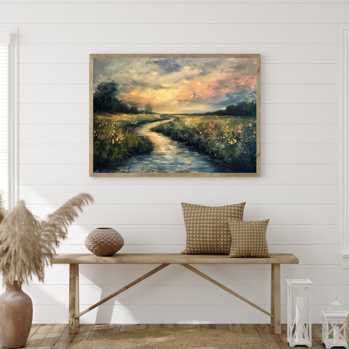 Moody Countryside Creek Sunset Vintage Landscape Oil Painting Poster - Image 3