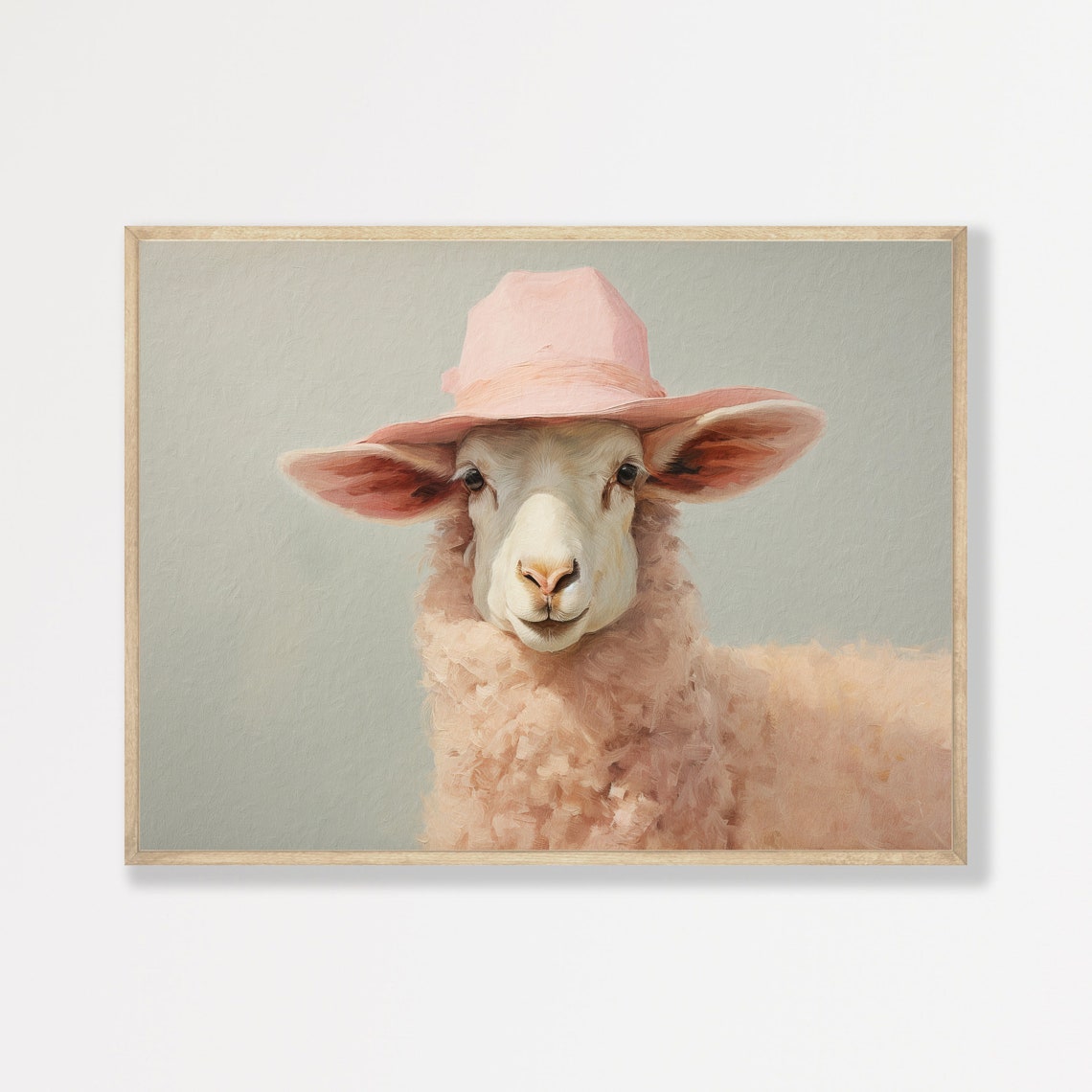 Smiling Sheep Pink Cowboy Hat Pastel Nursery Cute Farm Animal Poster