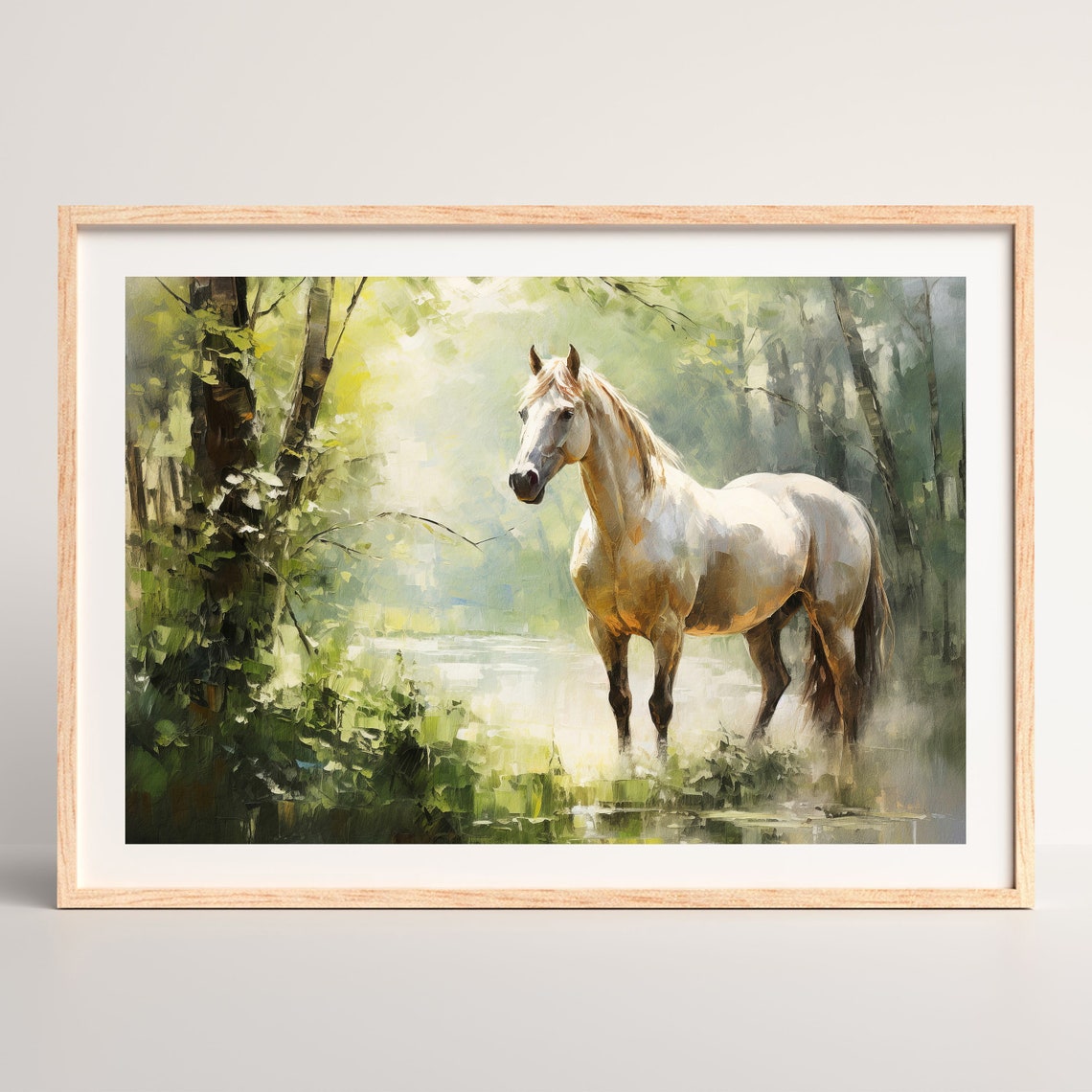 White Horse Sunlit Forest Misty Woodland Impressionist Equine Poster - Image 2
