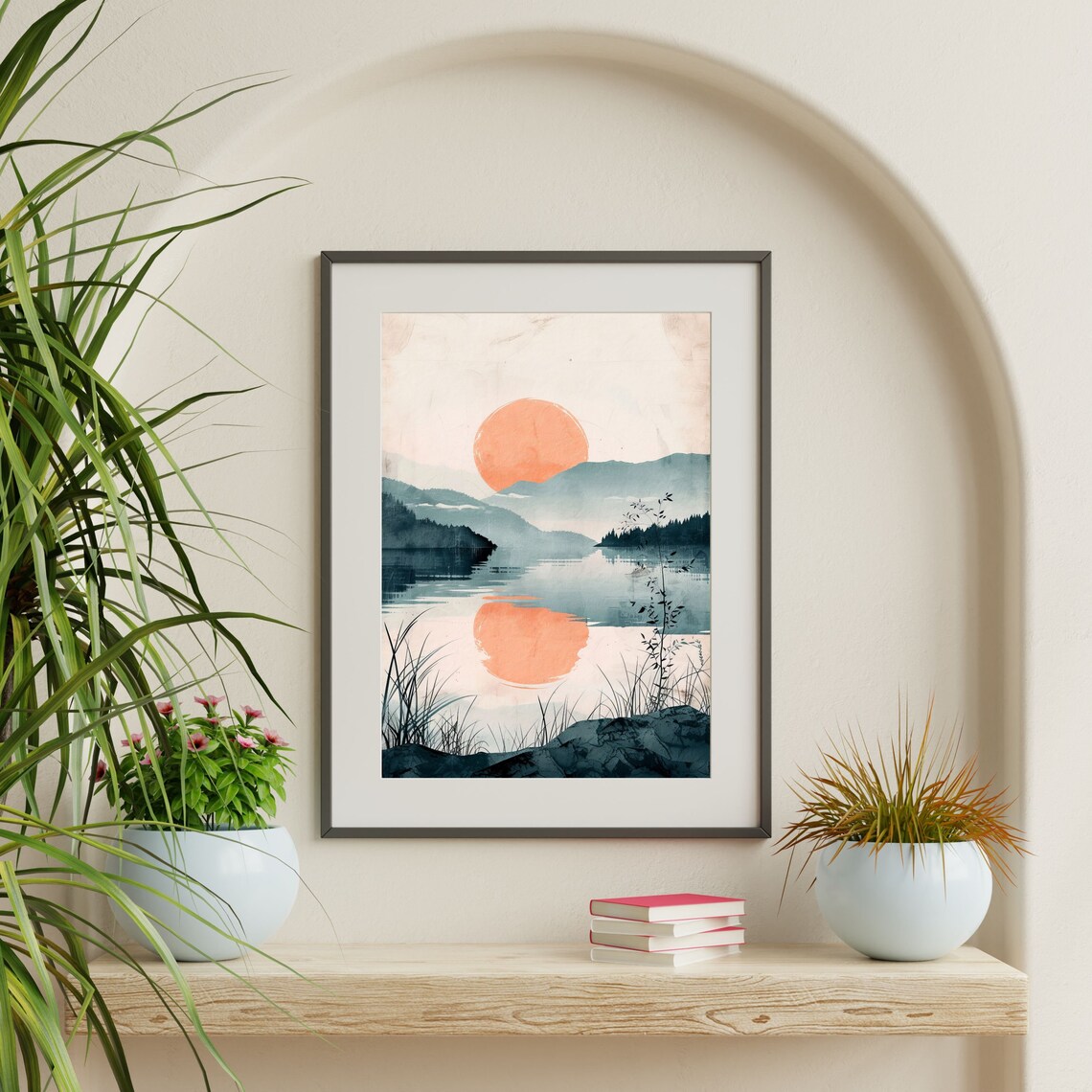 Misty Lake Coral Sun Reflection Japanese Ink Landscape Poster - Image 2
