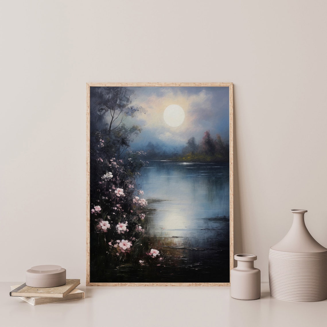 Moon And Flowers Painting Vintage Moody Landscape Wall Art Dark Academia Decor P 986 - Image 3