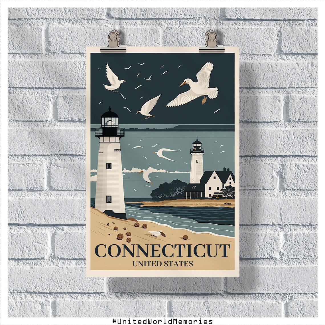 Connecticut Twin Lighthouses Seagull Beach Vintage Travel Poster - Image 5