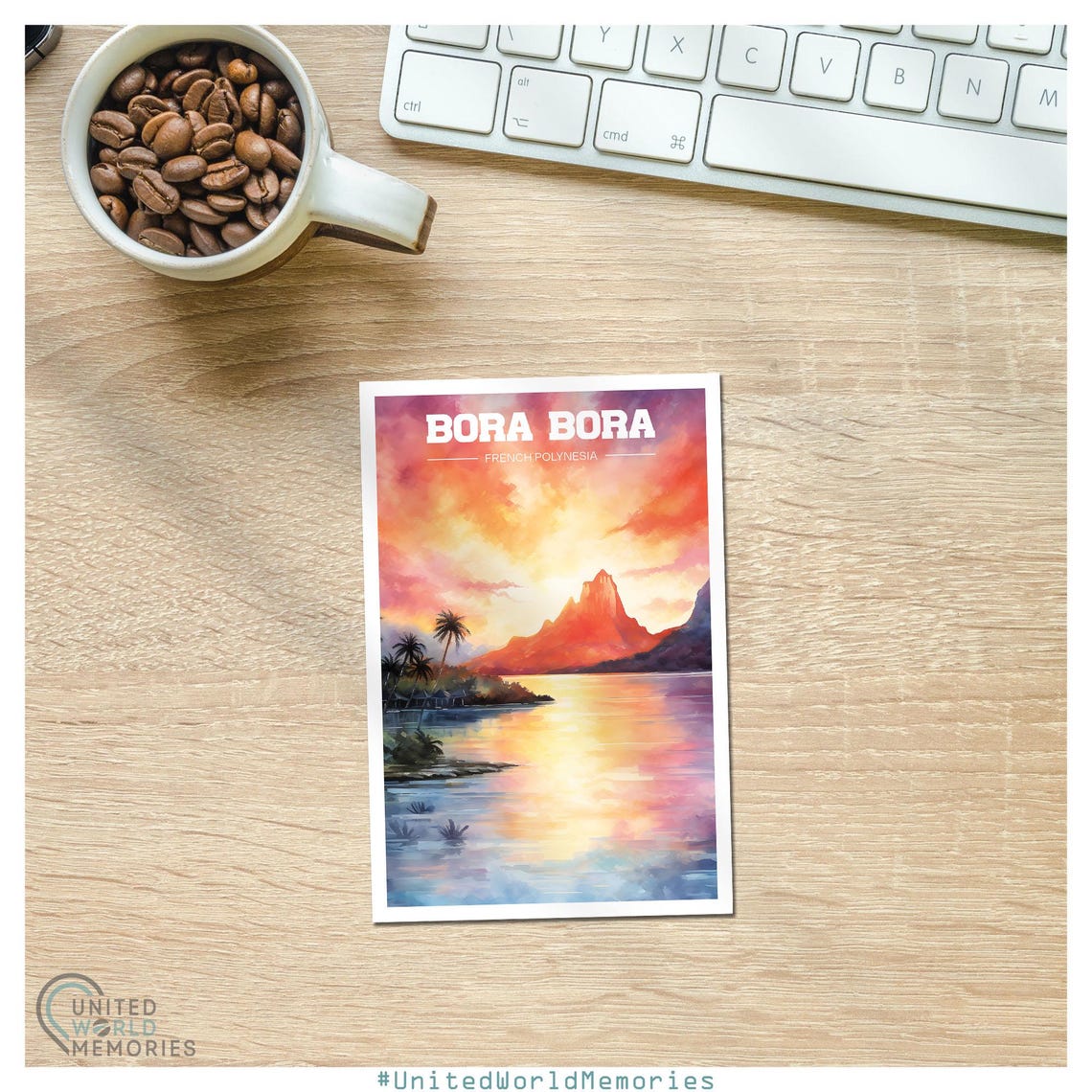 Bora Bora French Polynesia Sunset Lagoon Watercolor Travel Poster