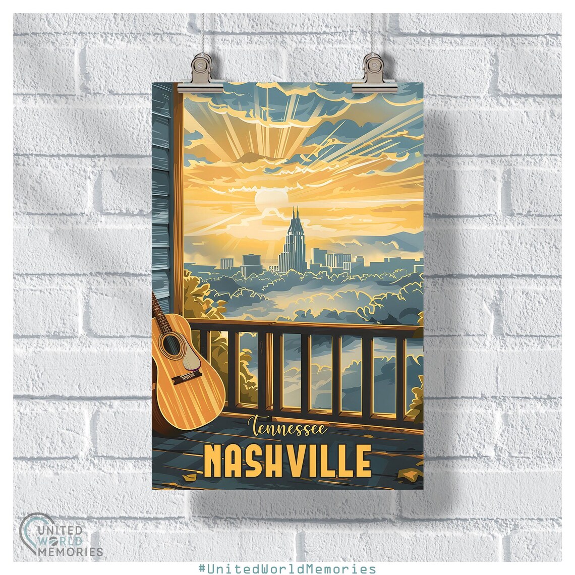 Acoustic Morning Nashville Guitar Porch Sunrise Skyline Travel Poster