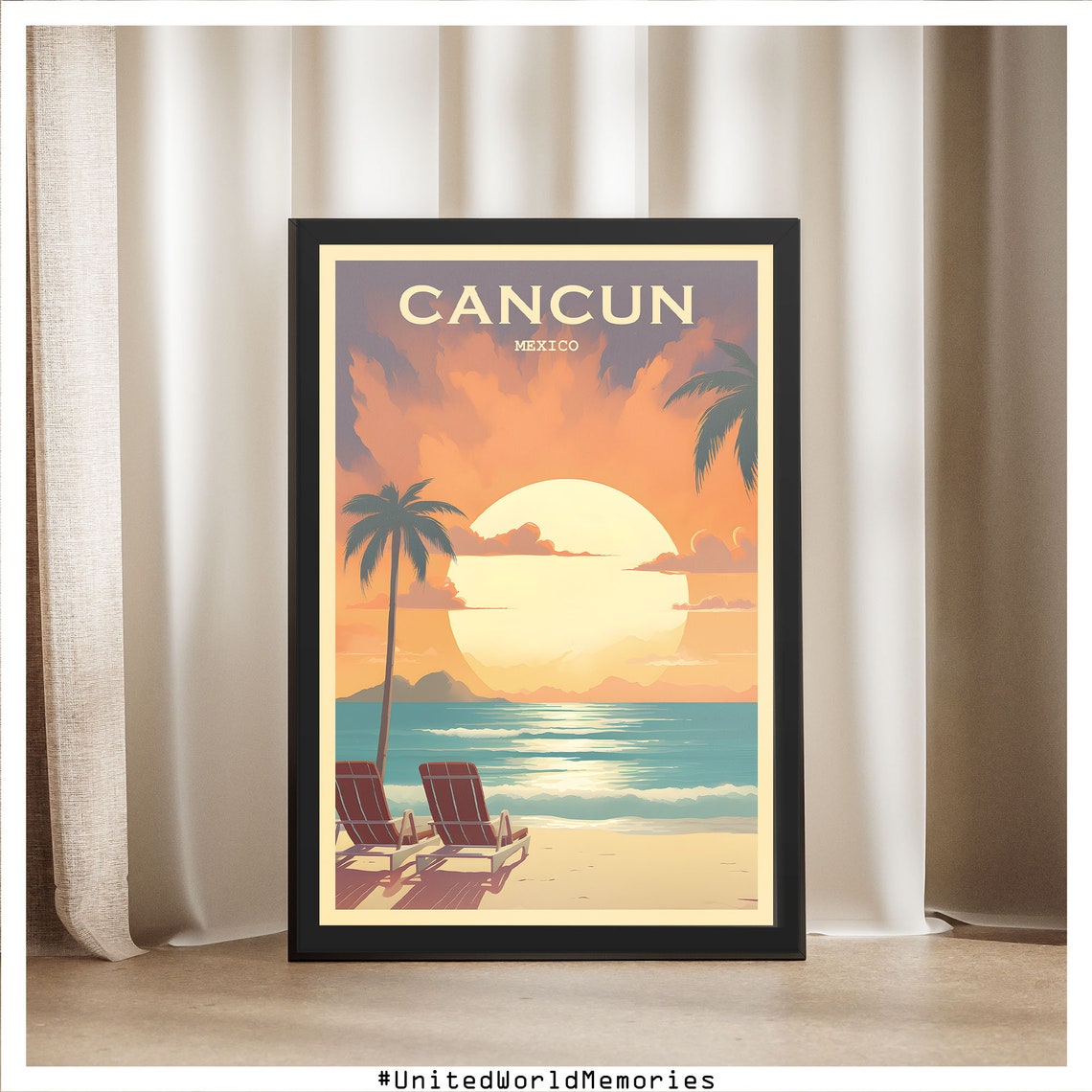Cancun Mexico Sunset Beach Poster Palms And Lounge Chairs Vintage Art