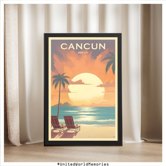 Cancun Mexico Sunset Beach Poster Palms And Lounge Chairs Vintage Art