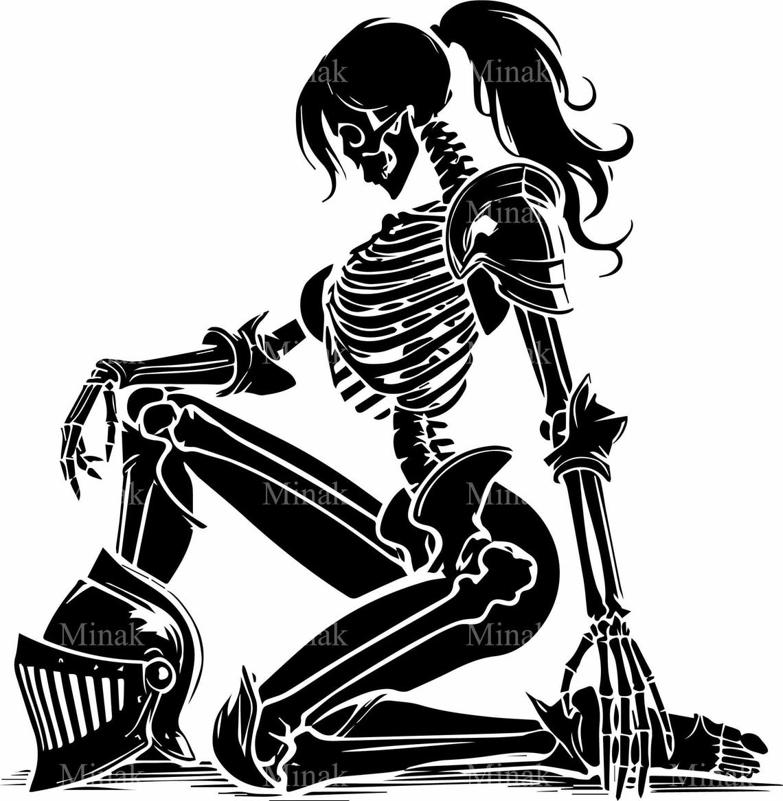4 Kneeling Skeleton Warrior Svg Gothic Female Knight Holding Sword Fantasy Silhouette Cut File - Image 3