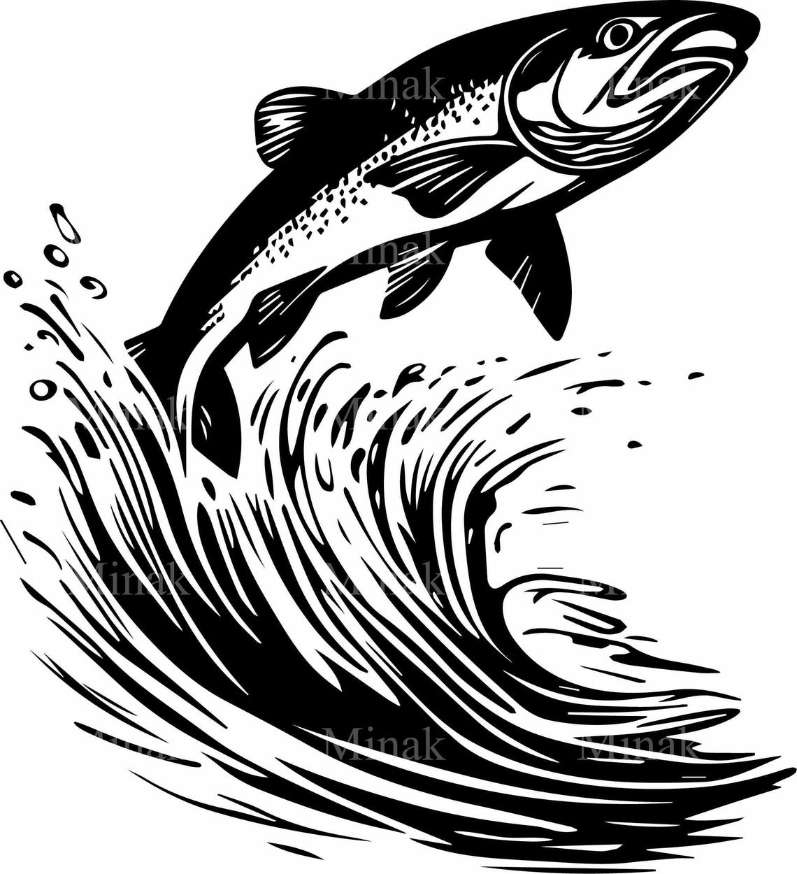Leaping Fish Splashing Waves Mountain Silhouette Fishing Poster - Image 4