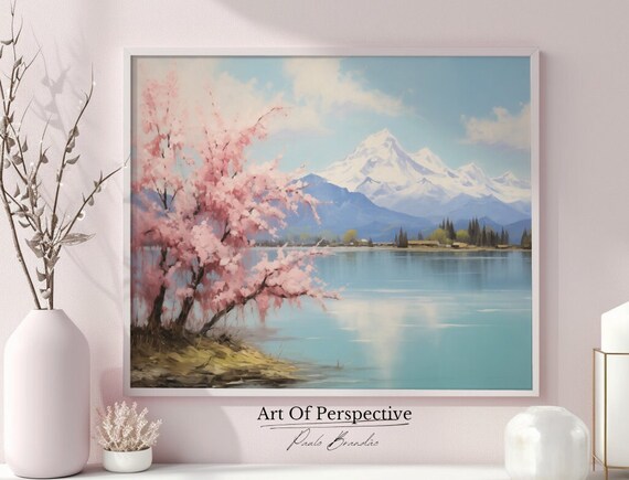 Cherry Blossom Lake Painting Spring Mountain Lake Landscape Art Print