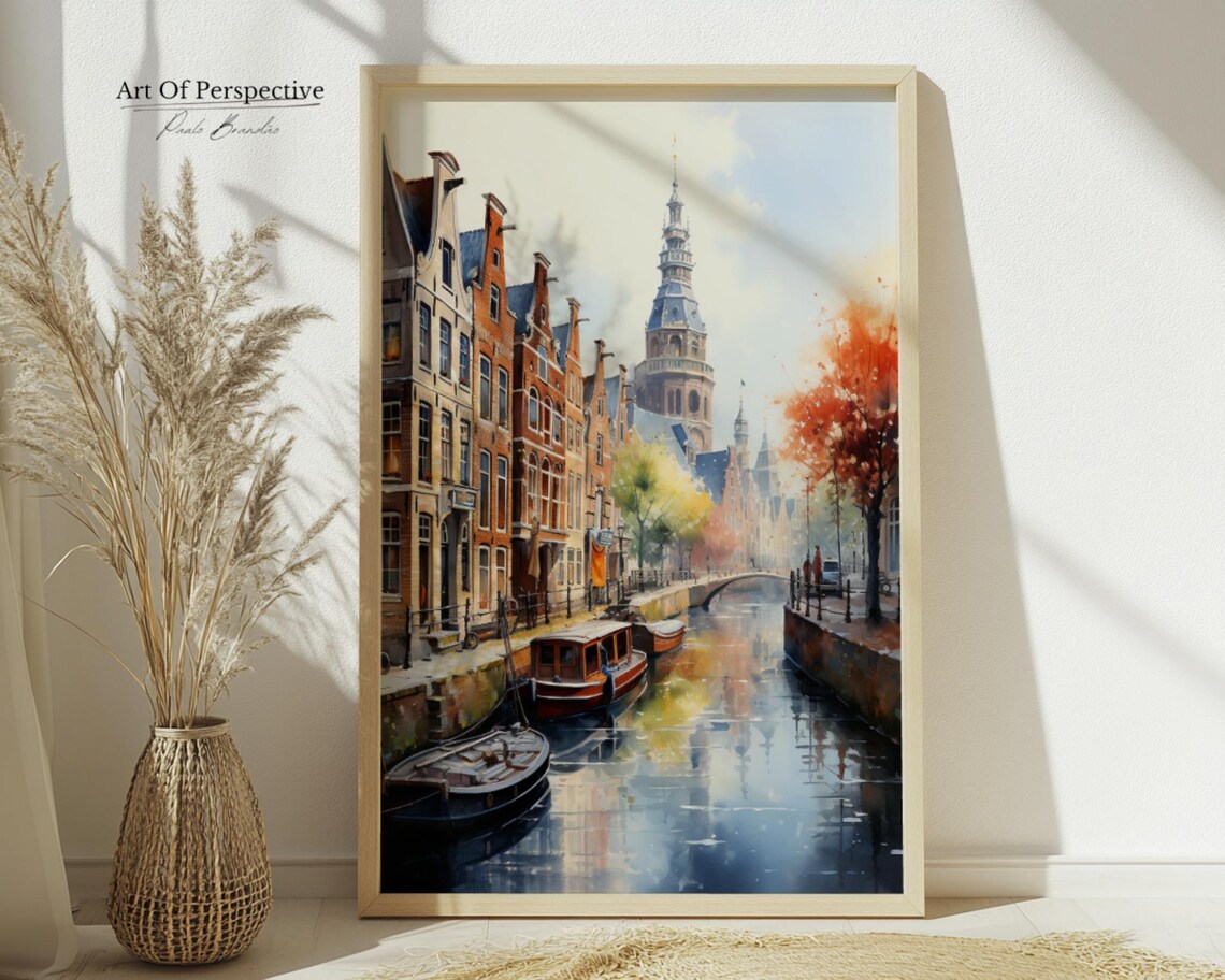 Amsterdam Canal With Boats And Church Tower Watercolor Style Poster