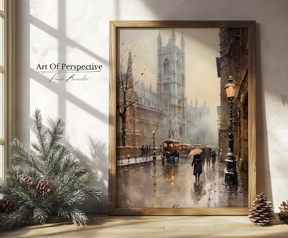 Vintage Westminster Winter 19th Century Cityscape Antique London Architecture Oil Painting