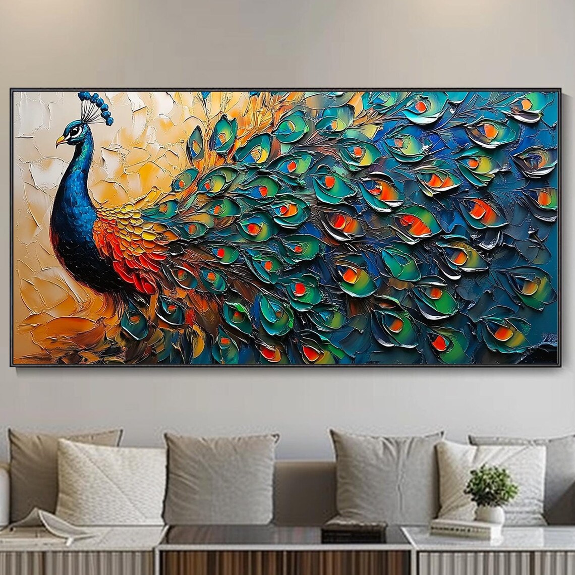 Peacock Textured Modern Oil Painting Art Print
