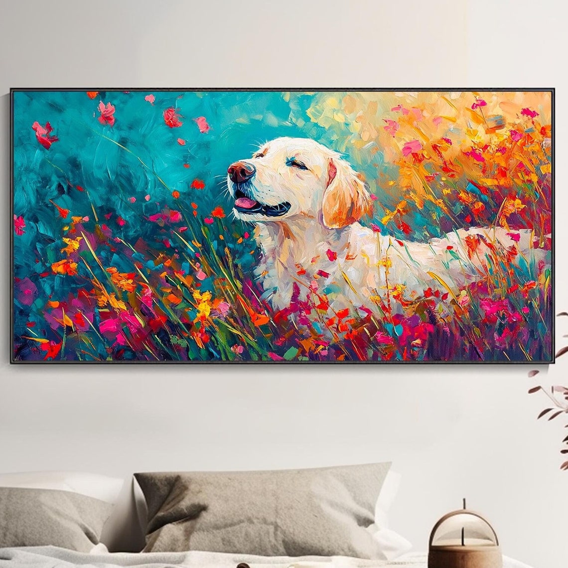 Original Pet Dog Animal Portrait Art Custom Golden Retriever Oil Painting Flower Textured Wall Art Pet Lover Gift Living Room Decor