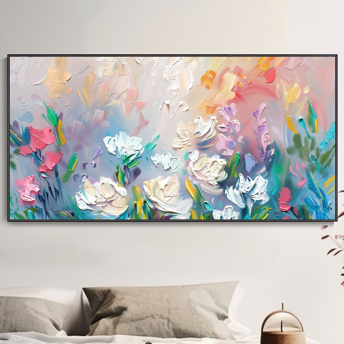 Pastel White Roses Abstract Floral Impasto Oil Painting Poster