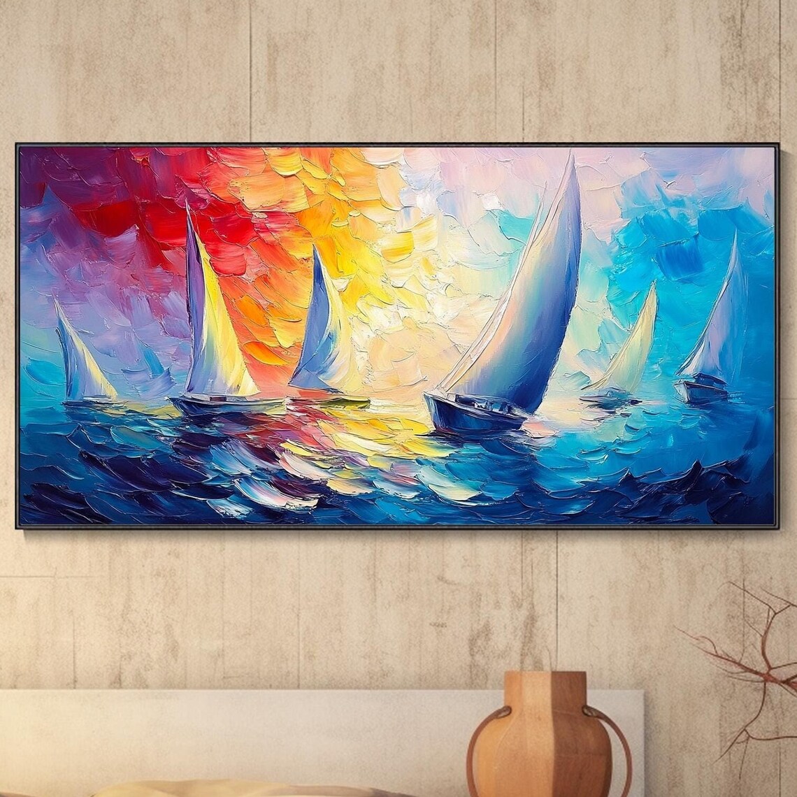 Sailboats On Ocean At Sunset Colorful Regatta Seascape Art Poster