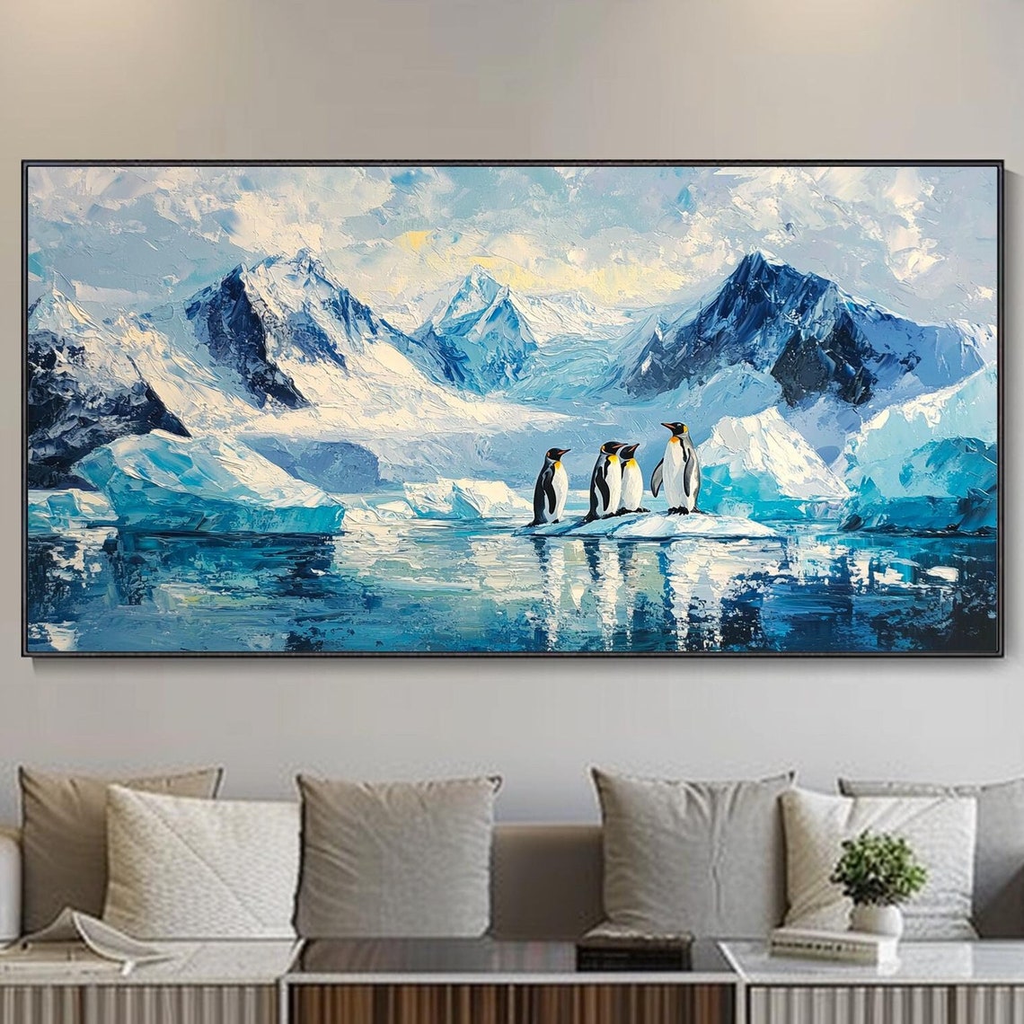 Emperor Penguins On Ice With Snowy Mountains Arctic Art Poster