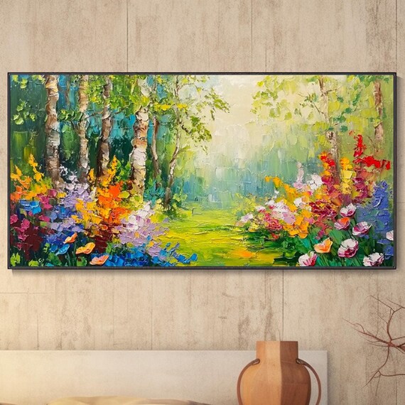 Vibrant Garden Textured Wall Art Original Forest Painting On Colorful Nature Artwork Contemporary Abstract Art Living Room Wall Art