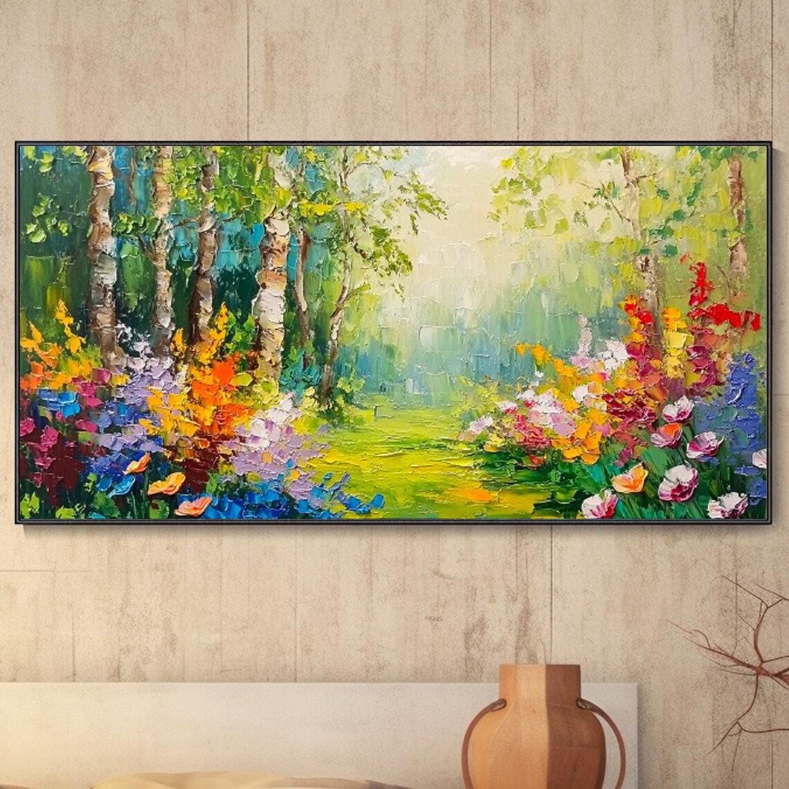 Birch Tree Garden Path Colorful Wildflowers Spring Nature Art Poster