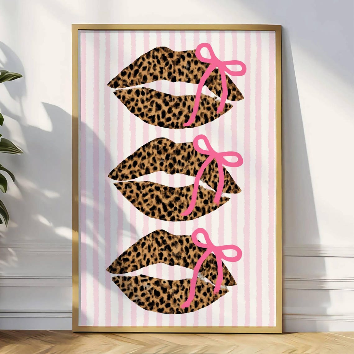Leopard Lips Pink Bows Striped Coquette Trendy Girl Decor Poster