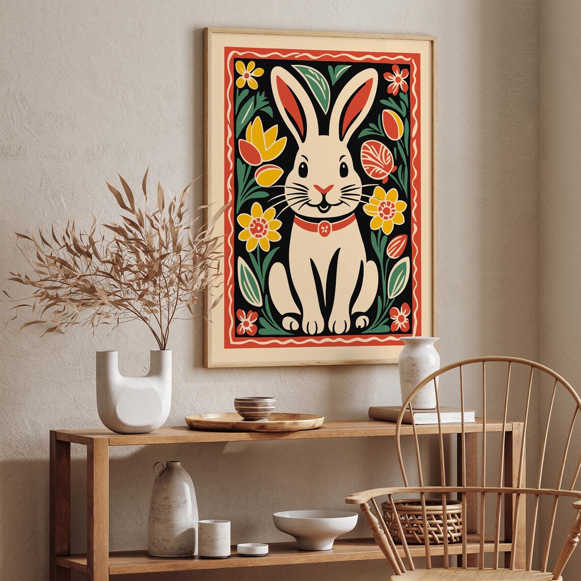 Folk Art Rabbit Tulip Floral Black Boho Spring Easter Wall Decor Poster - Image 3