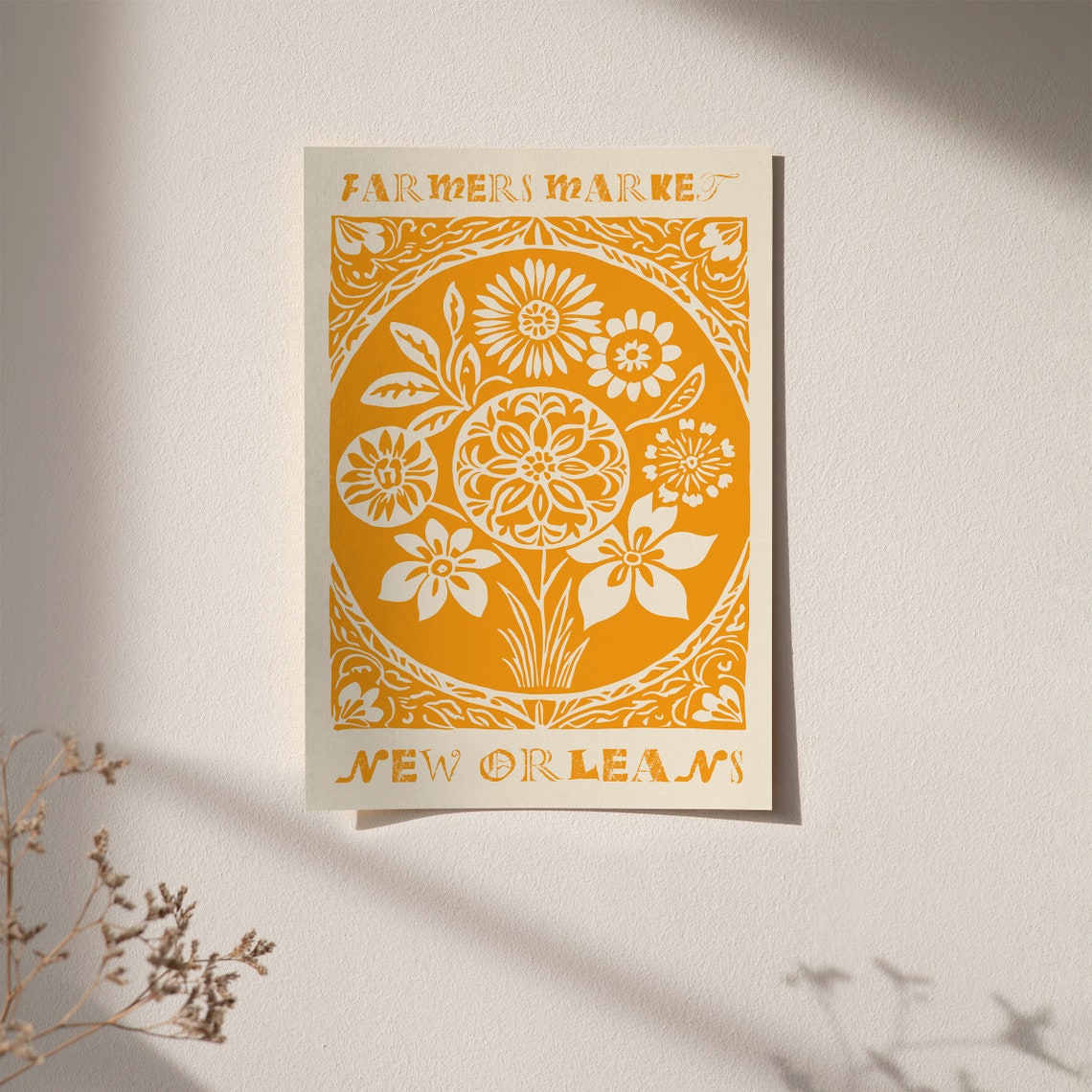 New Orleans Farmers Market Yellow Linocut Poster Vintage Art Print Louisiana Farmers Market Poster Kitchen Wall Art Local Souvenir Gift - Image 2