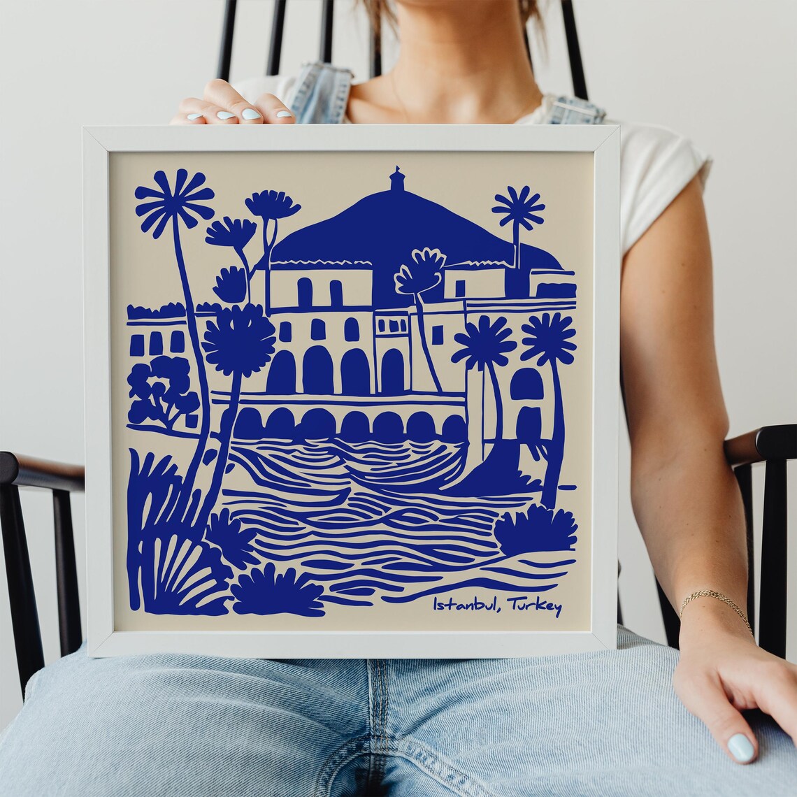 Istanbul Turkey Blue Ink Waterfront Buildings Travel Art Poster - Image 3